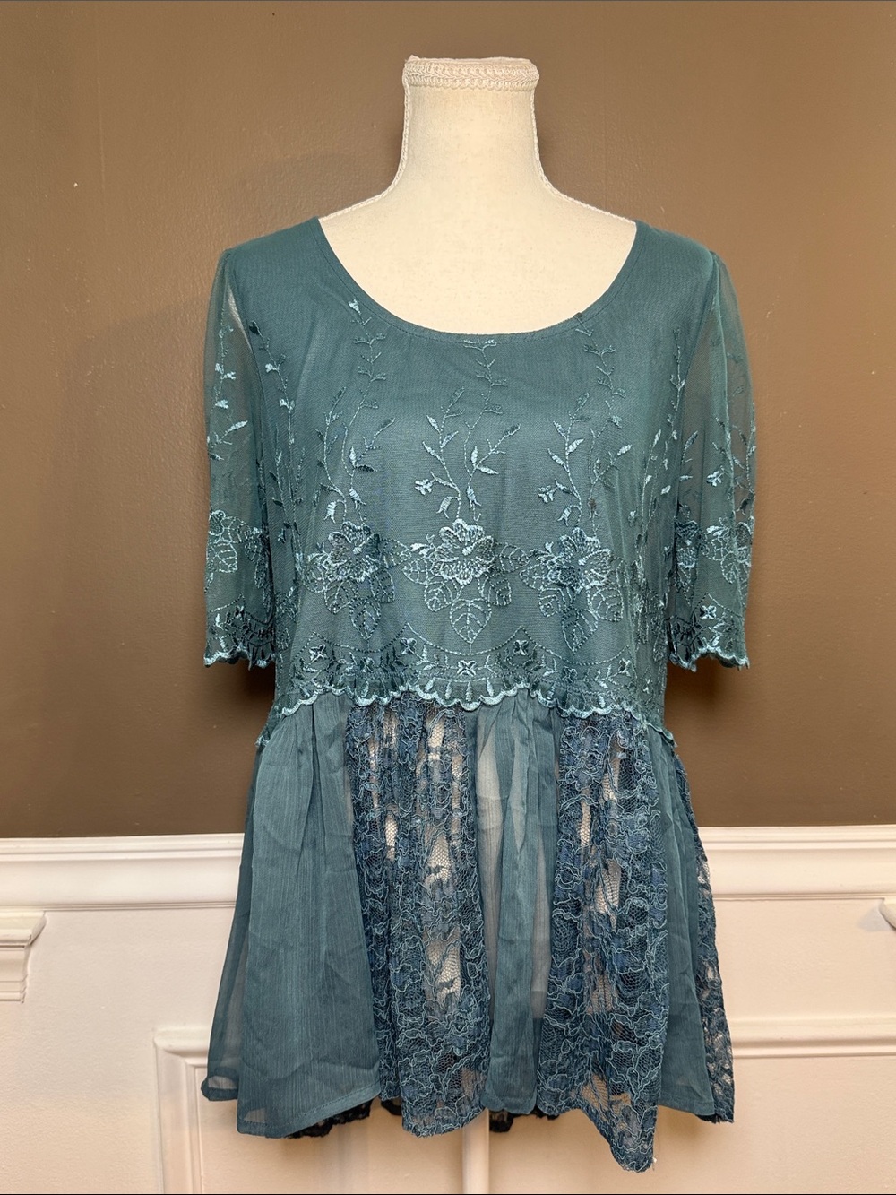 Free People Teal Embroidered Lace Peplum Top
